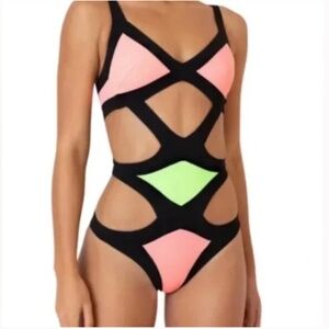 NWT Agent Provocateur Mazzy Pink Black Green Cutout Swimsuit AP 2
